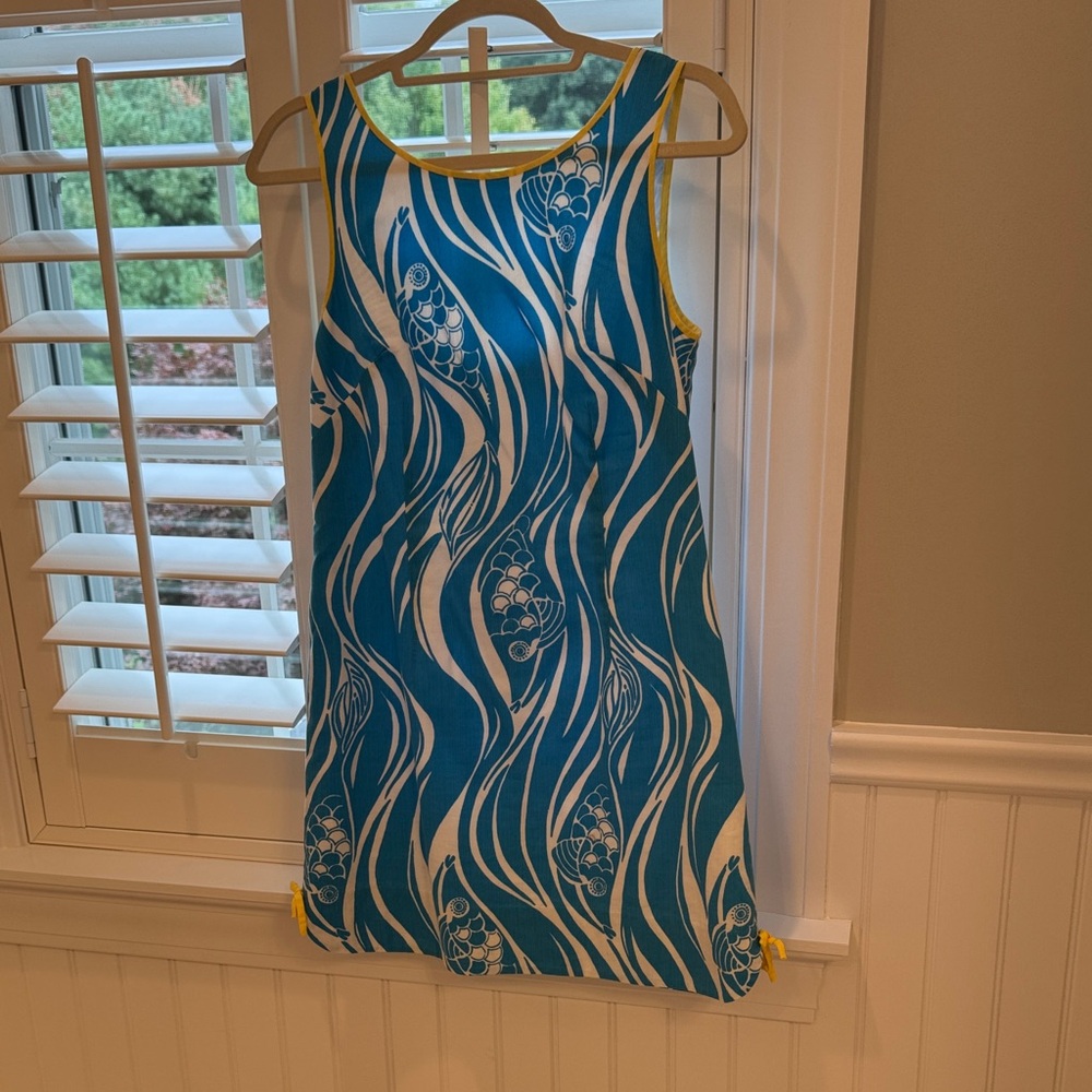 Lilly Pulitzer Teal & White Wave-Print Sleeveless Mini Dress with Yellow Trim
